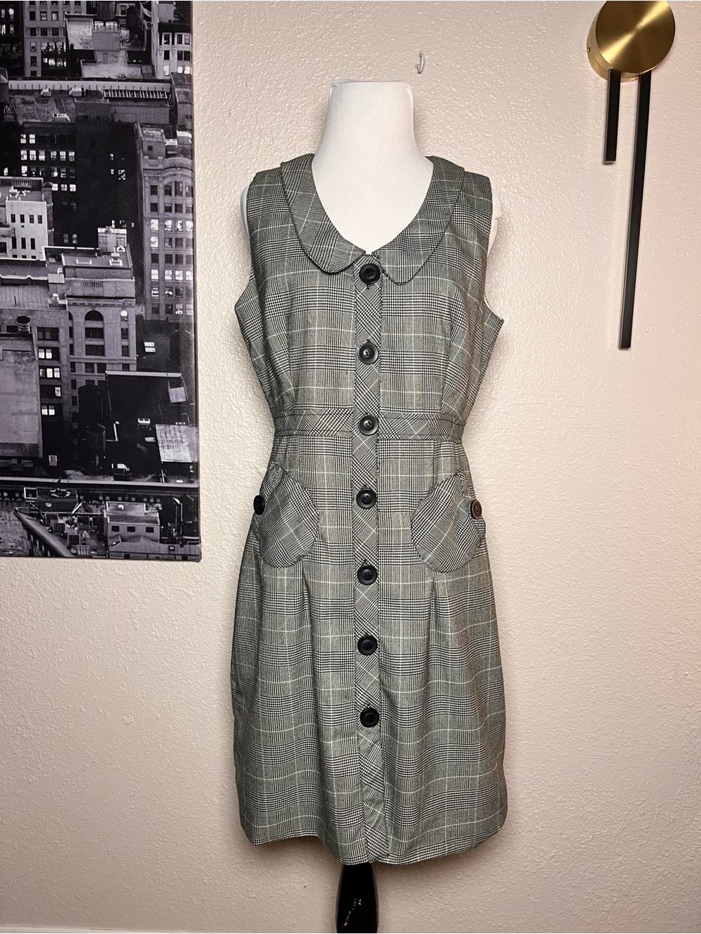 Naked Zebra Gray Plaid Sleeveless Button-Front Dress